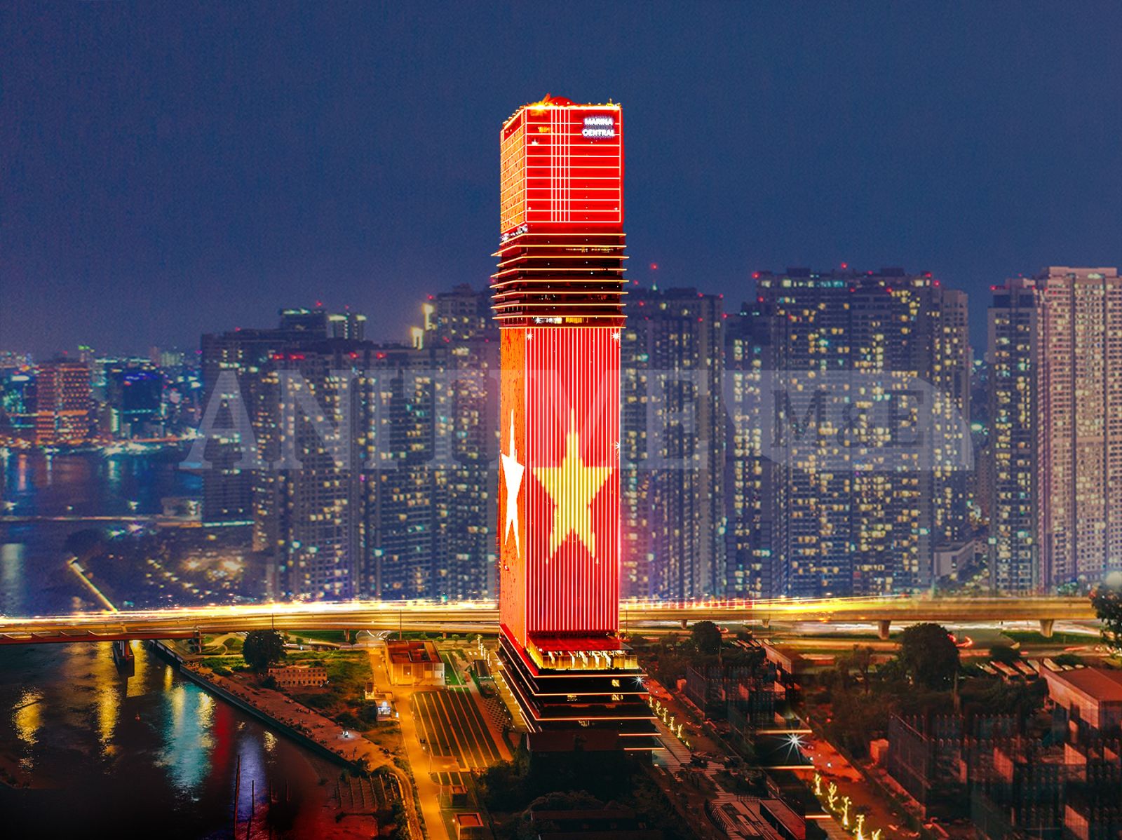 Thi công hệ thống đèn mặt ngoài tại Tháp Tài chính Marina